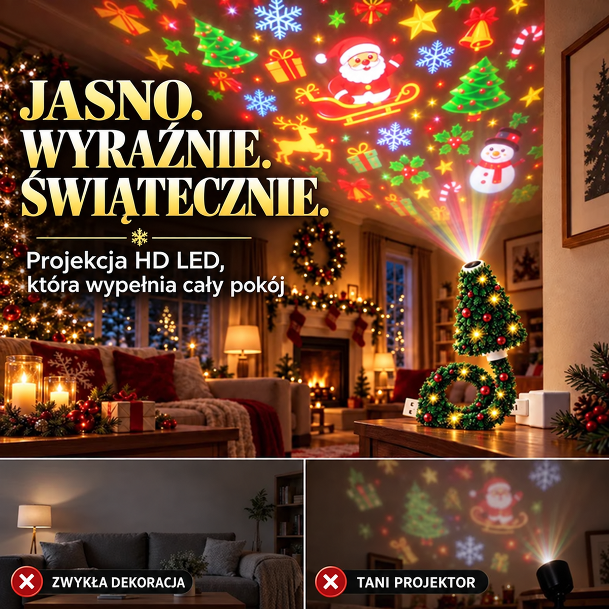 Jasna i wyraźna świąteczna projekcja HD LED