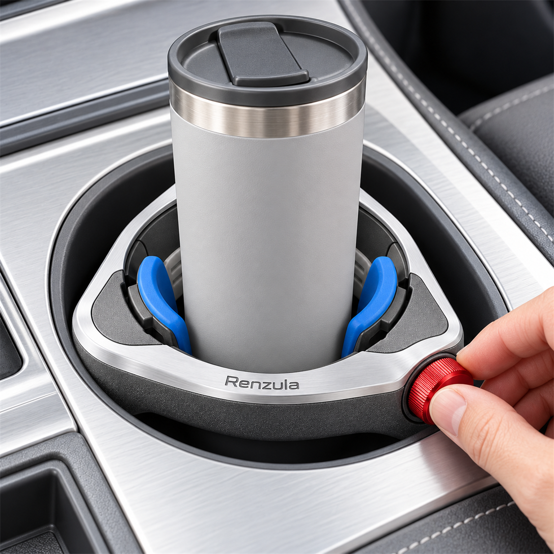 Renzula Adjustable Console Cup Holder detail and installed view