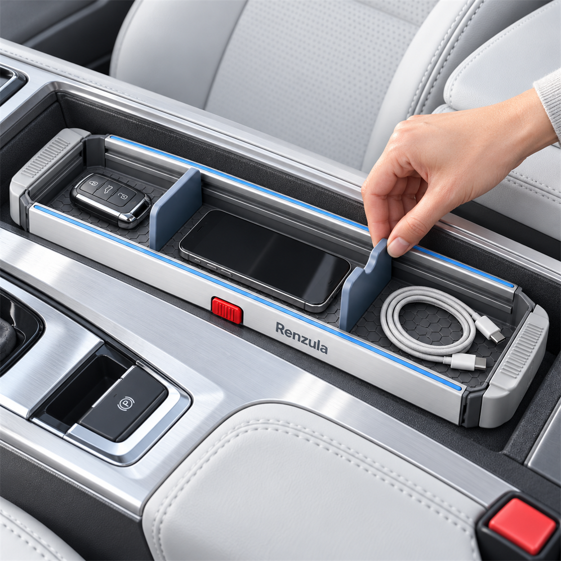 Renzula SmartFit Console Tray detail and installed view